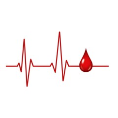 Heartbeat line with a single blood drop at the peak, isolated on white