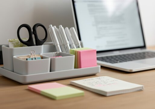 Organized workspace with office supplies and open laptop on wooden desk