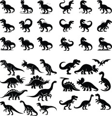 Dinosaurs Silhouette Set | T-Rex, Triceratops, and Ancient Reptile Silhouettes Dinosaurs Silhouette Set | Prehistoric Animal and Jurassic Creatures Vector Collection