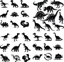 Dinosaurs Silhouette Set | T-Rex, Triceratops, and Ancient Reptile Silhouettes Dinosaurs Silhouette Set | Prehistoric Animal and Jurassic Creatures Vector Collection
