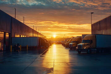 Obraz premium Trucks parked outside distribution warehouse during golden hour sunset