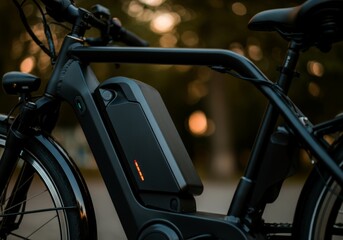 Close-up of modern electric bicycle with battery at sunset