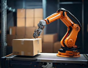 Automated Robot Arm Lifting Box in Factory Environment