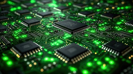 Fototapeta premium Abstract Technology Background of Circuit Board with Green Lights and Microchips
