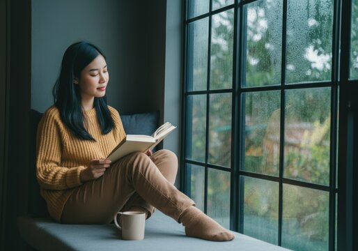 Relaxed young woman reading a book by a rainy window with coffee