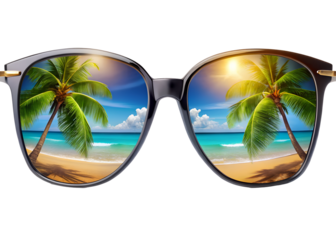stylish sunglass reflecting tropical beach scene clipart image on transparent background