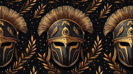 Obraz premium Detailed Illustration of Ancient Warrior Helmet with Feathers and Leaves on Dark Background