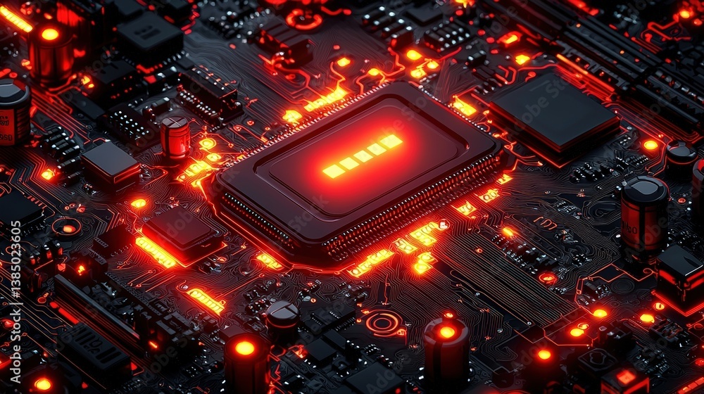 Poster close-up of a futuristic circuit board with glowing red lights and microprocessor detail