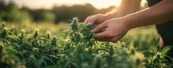 Farmer examining hemp plants in field at sunset