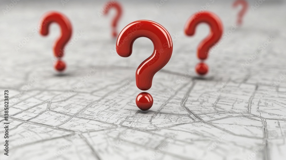 Poster a group of red question marks on a map