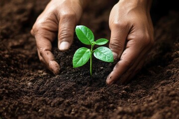 Close-up of two hands gently planting a small green seedling into dark brown soil. The focus is on the delicate plant and the careful handling by the hands