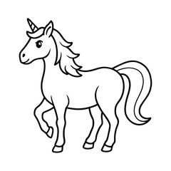 Unicorn isolated on white background,  black and white outline Vector Illustration, children's coloring book style line art