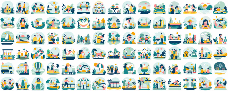 Vacation-themed vector bundle featuring 90 illustrations of outdoor activities and relaxation