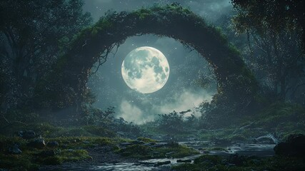 Mossy arches deep in a twilight forest. A massive full moon filters pale light through the branches, illuminating dust motes in the still air - Powered by Adobe