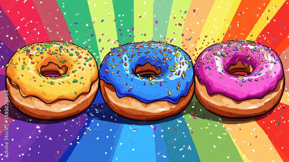 Poster delightful donuts with rainbow frosting and colorful sprinkles in a playful pop-art setting