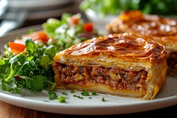 Close-up of two savory meat pies with flaky pastry crusts, served alongside a fresh green salad on a speckled white plate. The warm, golden-brown pastry contrasts with the vibrant greens of the salad
