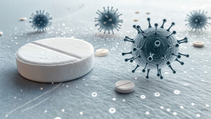 Medical Pills and 3D Virus Structures – Antiviral Pharmaceutical Concept.