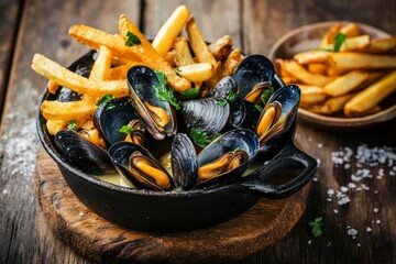 Cast iron skillet filled with mussels and french fries, garnished with parsley. A separate bowl of fries is visible. The scene is rustic, with a dark wooden background