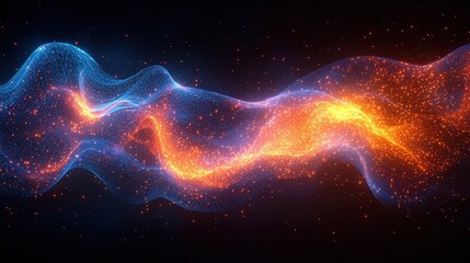 Abstract Wave of Bright Particles in Blue and Orange Glow Against Dark Background