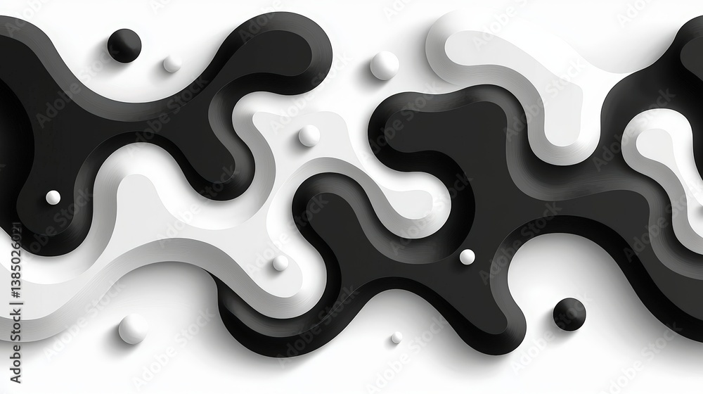 Poster abstract black and white wavy forms with 3d effect and geometric elements on modern background