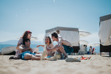 A cheerful group of friends relaxing on a warm summer day by the beach, laughing and enjoying the...