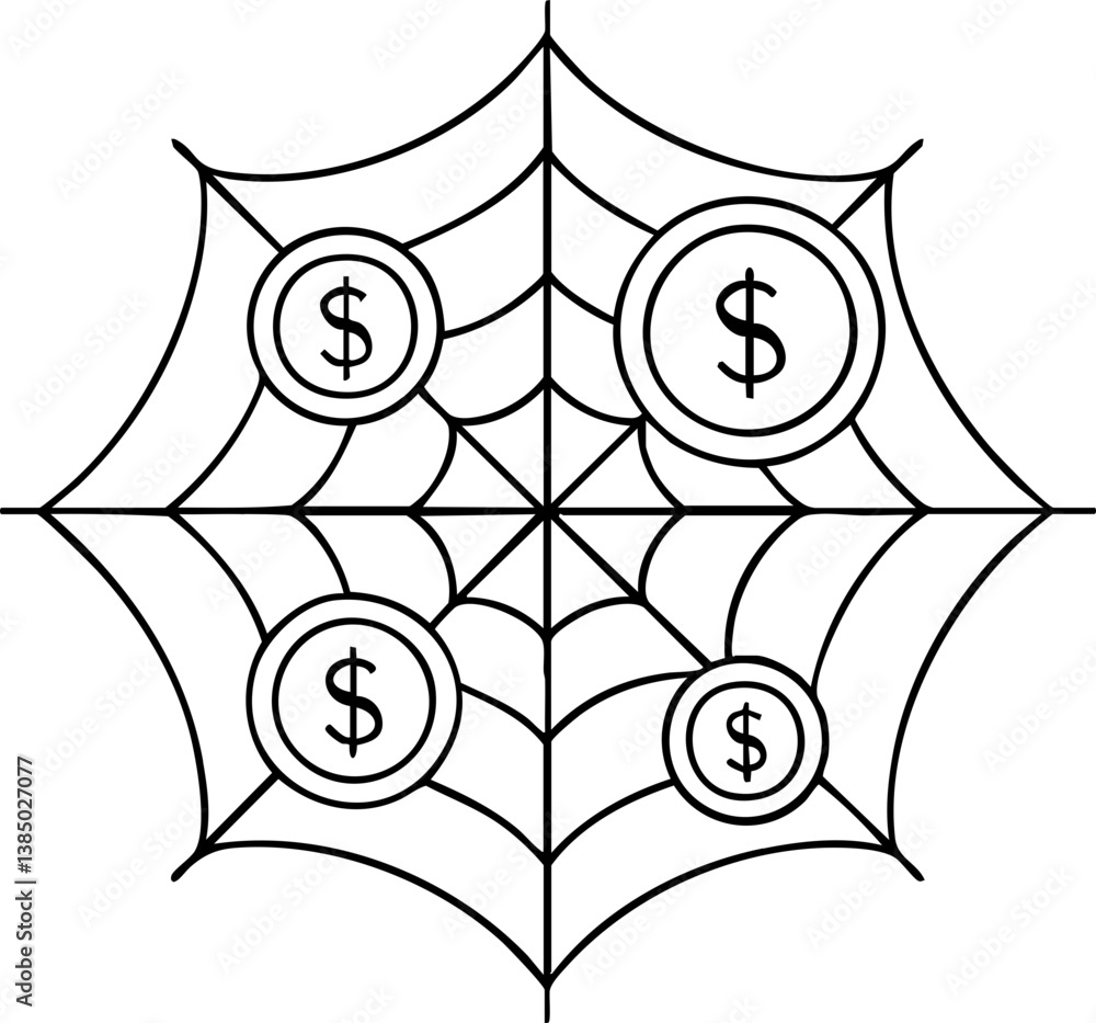 Aufkleber import tariffs policy impact concept. web design featuring coins and dollar signs in a spider web pa