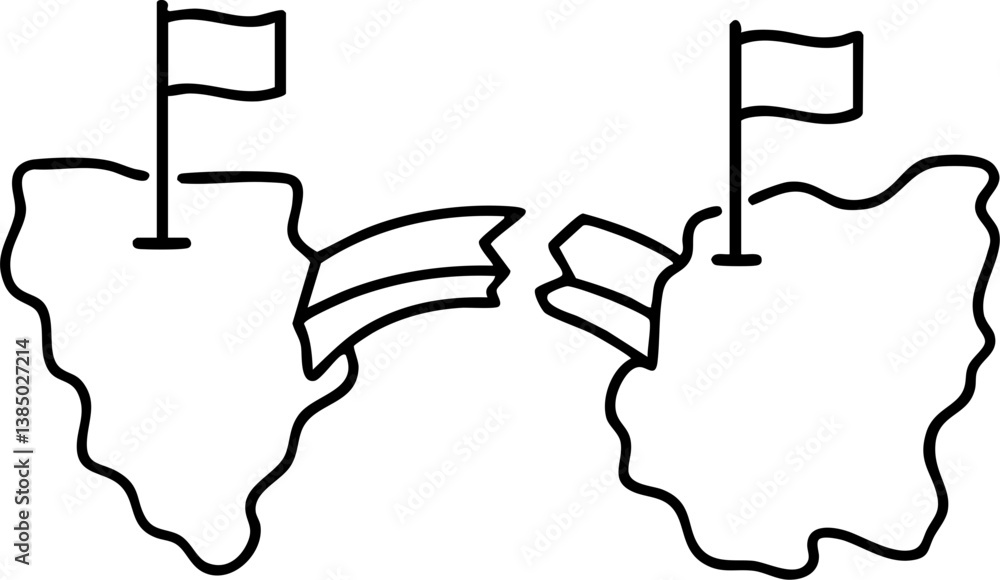 Poster import tariffs policy impact concept. two abstract landmasses with flags and a ribbon connecting the