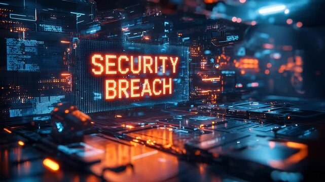 Sci-fi inspired cyberattack with holographic screen showing SECURITY BREACH in bold