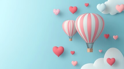 Dreamy valentines day air balloon escape over light blue backdrop scene