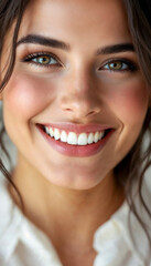  Close-up of smiling woman with perfect teeth on a white background for dental ads.