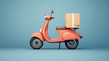 Stylized Delivery: Vintage scooter transporting package against a calming blue background