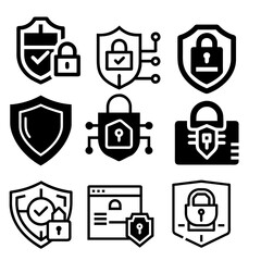 Shield icon set. Protect shield security line icons. Design elements for concept of safety and protection. Vector illustration.Cyber security glyph solid icons collection. 