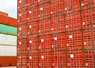Cargo ship container goods export import international transport on blue sky background, warehouse...