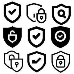 Shield icon set. Protect shield security line icons. Design elements for concept of safety and protection. Vector illustration.Cyber security glyph solid icons collection. 