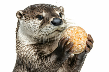 Close-up of a charming otter curiously holding a round rock, isolated on white, showcasing its playful nature and intriguing gaze