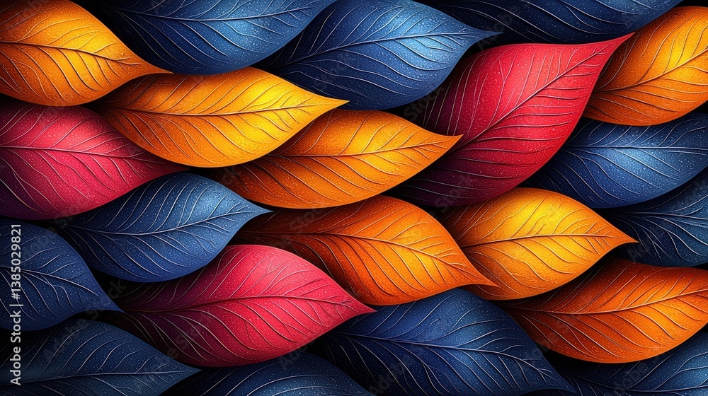 Poster vibrant leaf patterns in warm and cool tones creating a rich textured background design