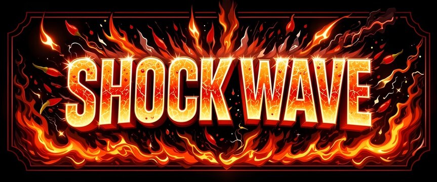 a logo for a fictional company named shock wave. 1980s heavy metal vibe. Fire.band logo, flaming logo, vintage logo, skull, gothic, grunge, rock music, electric, metal band, dark, flames, chrome