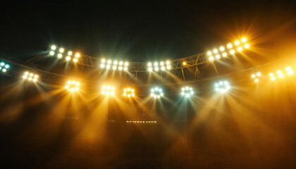 Close-up of bright stadium floodlights glowing against a dark night sky.