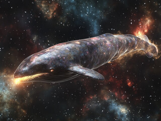 Fototapeta premium A majestic cosmic whale floats through glowing stars and nebulae. This surreal creature radiates energy and fantasy in a dreamlike, interstellar scene.