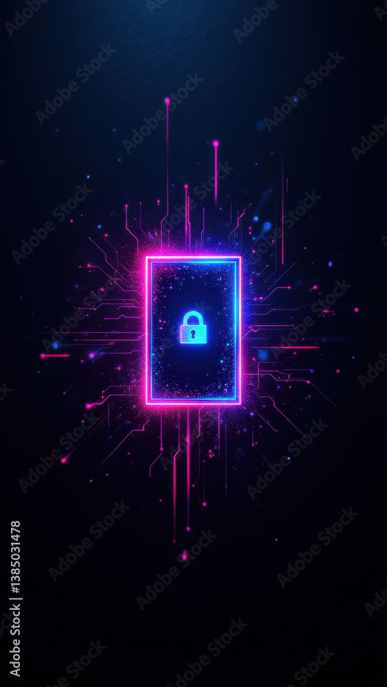 Poster a futuristic digital lock icon with a vibrant cyber theme emphasizing internet security.