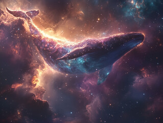 A majestic cosmic whale floats through glowing stars and nebulae. This surreal creature radiates energy and fantasy in a dreamlike, interstellar scene.