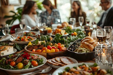 Gathering of Gratitude: A bountiful table laden with delectable food, adorned with fresh greenery, surrounded by a joyful group, sharing the feast and companionship.