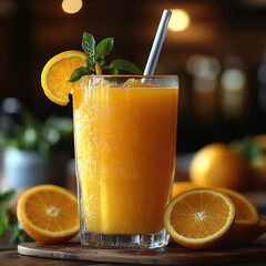 A vibrant glass of fresh orange juice served in a clear glass with a straw
