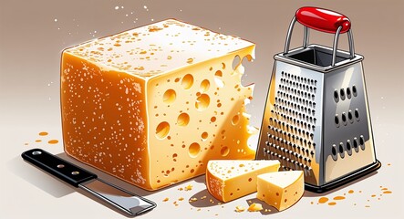 A block of parmesan cheese with a grater on the side anime cartoon style illustration artwork design background