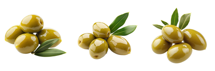 Three clusters of glistening green olives with fresh leaves.