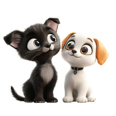 Fototapeta premium Adorable Cartoon Kittens and Puppy Best Friends 3D Render Cute Pets Studio Shot