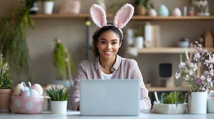 Young businesswoman in bunny ears hosting remote Easter webinar with festive decor