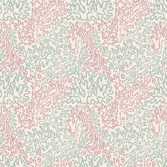 Coral seamless pattern. Sea coral reef polyps and algae, tropical ocean, underwater wildlife and marine flora, textile or wallpaper design background. © Tetiana Komarytska