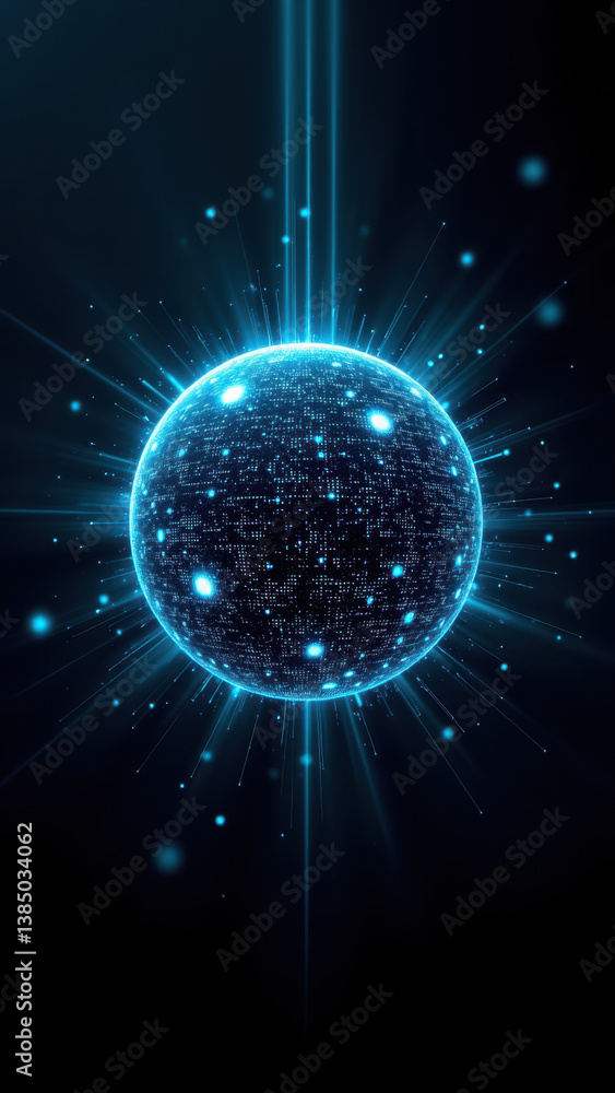 Poster a cybernetic sphere with digital particles, representing internet security.