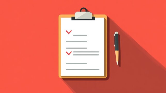 Completed task management checklist on clipboard with pen, bright red background